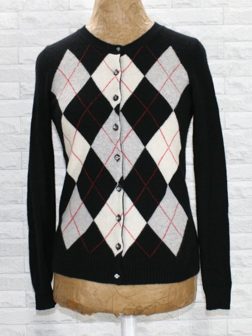 APT. 9 Cardigan Argyle Cashmere Classic Preppy Button-up Diamond Black Grey SM